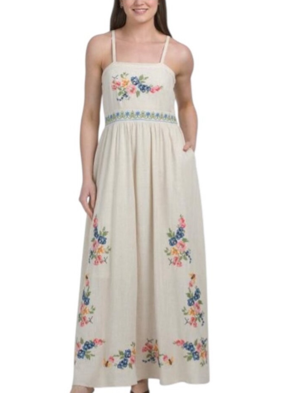 Solitaire Cream Maxi Dress with Floral Embroidery